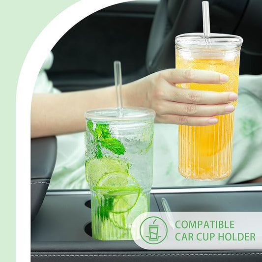 Glass Cups with Lids and Glass Straws, High Borosilicate 20OZ Tumblers (2Pcs) for Coffee, Tea, Juice, Smoothies, Hot/Cold Drinks at Home, Office（Creative Drink Label Design）