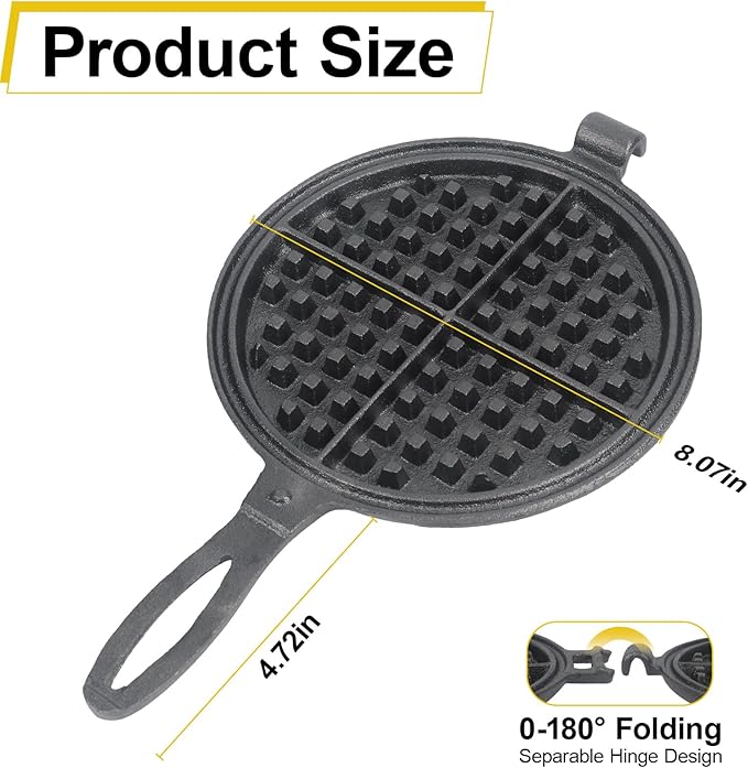 Cast Iron Waffle Maker - 8 inch Round Stovetop Waffle Iron, Two Piece Hinged Non-Electric, Quick Heating, Easy Clean