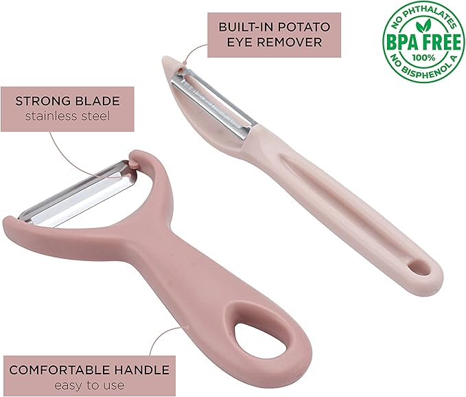 Social Chef 2-Piece Vegetable Peeler Set- Set of 2 Stainless Steel Blade Vegetable Peelers Set - Y Peeler and Swivel Peeler for Peeling Potatoes, Vegetables and Fruits (Pink)