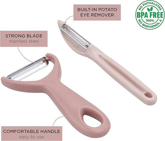 Social Chef 2-Piece Vegetable Peeler Set- Set of 2 Stainless Steel Blade Vegetable Peelers Set - Y Peeler and Swivel Peeler for Peeling Potatoes, Vegetables and Fruits (Pink)