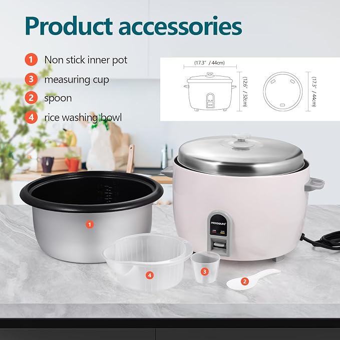 MOOSUM Commercial Rice Cooker, Large Capacity 30-Cup (UnCooked), 60-Cup (Cooked) with One Touch Operation and 12-Hour Keep Warm, Easy to Use and clean, 1600W, White