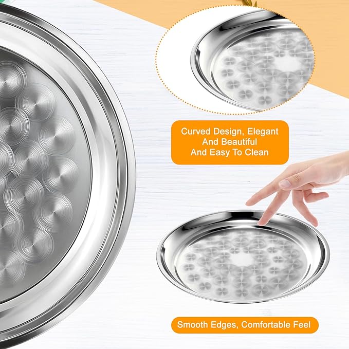 8 Pack Stainless Steel Round Serving Tray with Swirl Pattern Bulk Large Round Tray Silver Metal Display Serving Platter for Coffee Party Club Home (12 Inch)