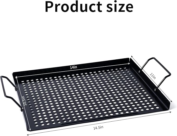 MEHE Vegetable Grill Basket,Nonstick Grilling Topper 14.6 "x11.4 Thicken Grill Pan BBQ Accessory for Grilling Veggie, Fish, Shrimp, Meat, Camping Cookware (With Hand)