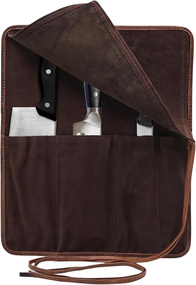 Autentico Genuine Buffalo Leather Small Knife Case Holder Chef's Knife Roll Holder Cutlery Sheath Carrying Case Organizer Storage Bag Travel Friendly Artist Gift for Men & Women Teak