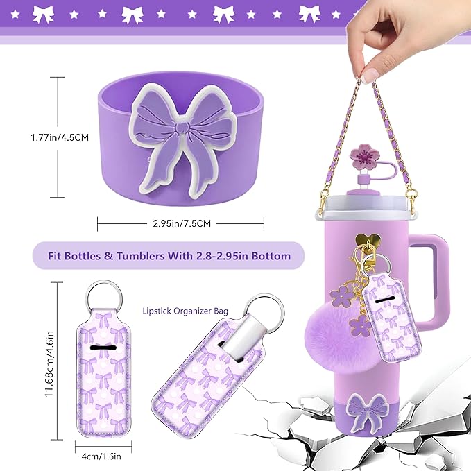Accessories Set Including Water Bottle Handle Strap, Silicone Boot, Resin Butterfly Straw Cover, Straw Topper, Lip Balm Sleeve, Butterfly & Hairball Charms for Stanley Cup Tumbler