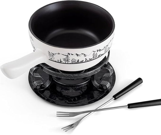 Swissmar Heidi Cheese Fondue Set - 2.8 QT / 2.65 L - Ceramic Fondue Pot with Rechaud, Fondue Burner, 6 Forks & Recipe Card - Ideal for Melting Cheese, Chocolate & Caramel - White