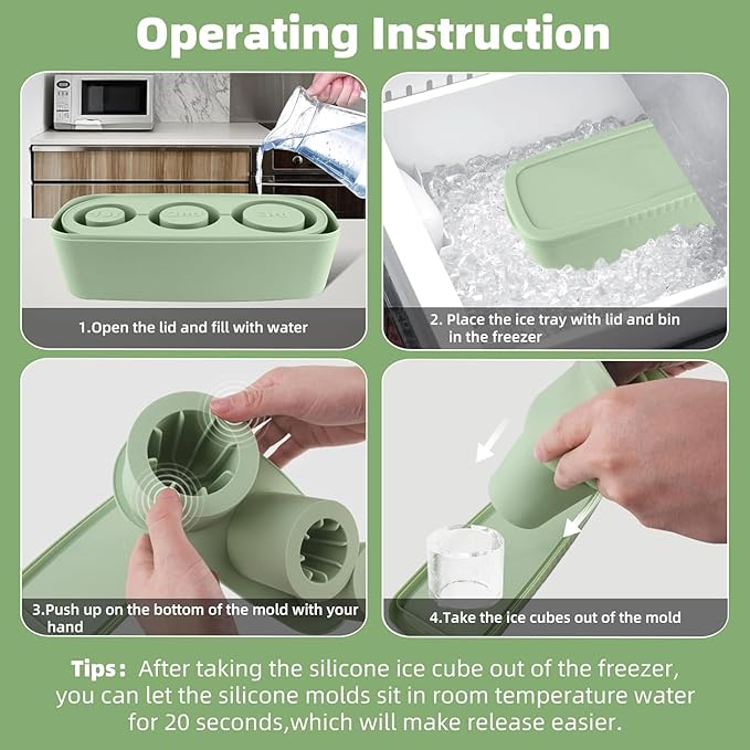 Tcamp Ice Cube Tray for 30 oz Tumbler Cup Ice Mold, 3 Pcs Silicone Hollow Cylinder Ice Tray with Lid and Bin for Freezer, Ice Drink, Juice, Whiskey, Cocktail (Green)