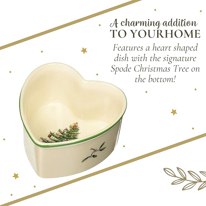 Spode Christmas Tree 3.5" Heart Ramekins (Set of 2) - Oven Safe Porcelain Ramekin Dishes for Soufflé, Crème Brûlée, Custard - Microwave & Dishwasher Safe, Festive Dipping Cups, Holiday Baking Set