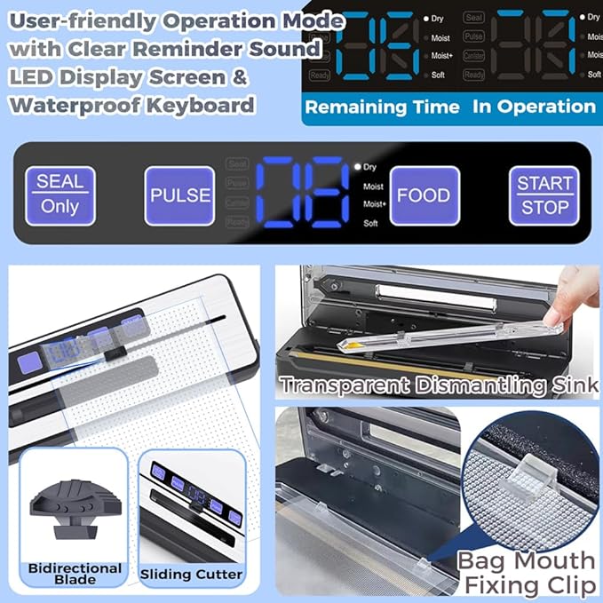 Vacuum Sealer Machine, Powerful Pro Food Sealer Compact Design Food Preservation System High-Speed with Dry/Moist/Moist+/Soft Mode, Starter Kit 15 Bags & Accessory Hose & Bulit-in Cutter