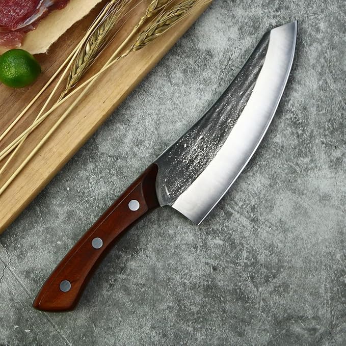 Seido 5-Piece Caveman Butcher Knife Set - Precision Forged High-Carbon Stainless Steel Blades with Black Oxide Finish - Ergonomic Mahogany Handles in Reddish-Brown