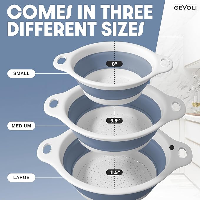 Collapsible Colanders (3 Pack Set) Food Strainers with Over-Sink Water Draining Base for Pasta Fruits and Vegetables, White/Blue (3 Sizes, 3QT, 4QT and 5 Quart)