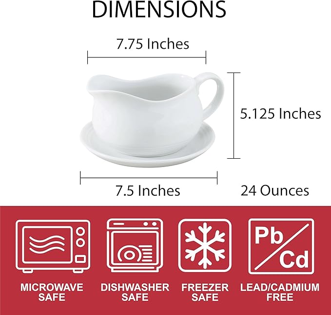 HIC Kitchen Hotel Gravy Boat With Saucer, Fine Porcelain, 24-Ounce Capacity For Gravy, Sauce, Au Jus, Dressing, Holiday Meals, And Entertaining