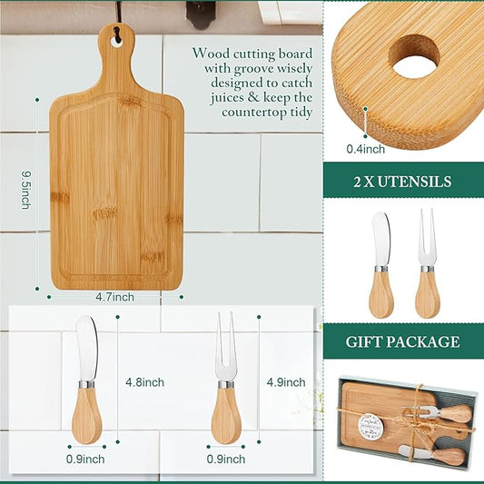 Ziliny 3 Set Bridal Baby Shower Cheese Prizes Wooden Square Board Gift Set Knives Forks Thank You Tags with Box for Guests for Valentines Bridal Baby Shower Housewarming Gifts (Bamboo Color)