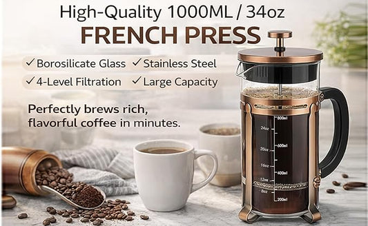 Coffee Maker 304 Stainless Steel French Press with 4 Filter, Heat Resistant Durable, Borosilicate Glass Coffee Press, 100% BPA Teapot, 34ounce, copper