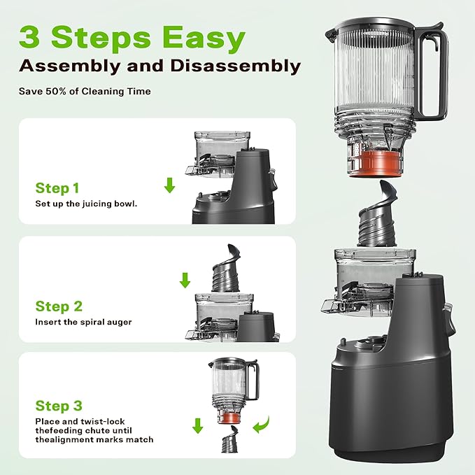 Cold Press Juicer, Juicer Machines with 5.3" Wide Feed Chute, Slow Masticating Juicer for High Yield with Whole Fruits and Vegetables, Easy to Clean, Easy to Assemble (Black)