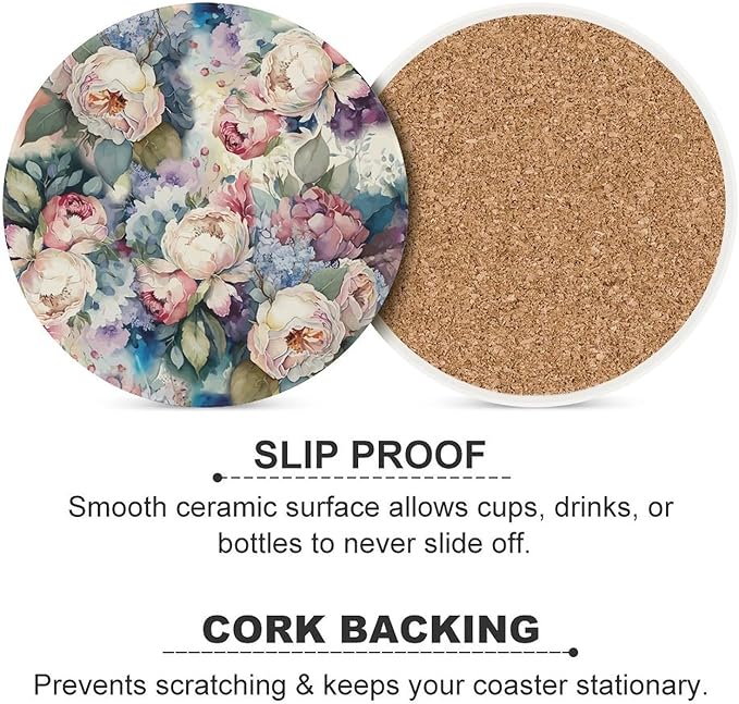 Round-4PCS Floral Drink Coasters, Round Modern Ceramic Absorbent Coasters, Watercolour Abstract Nature Plant Floral Colorful Wildflower Decor Desk Coffee Table Coaster for Beverage Cup Tea Coasters