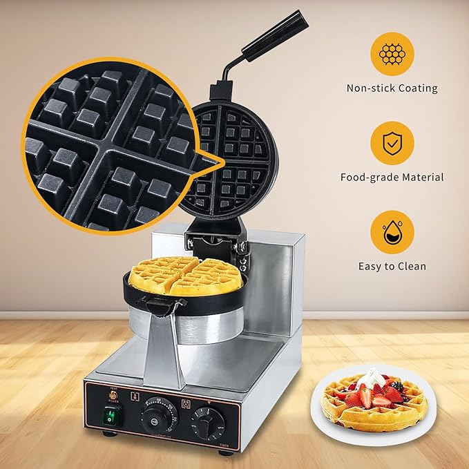 Commercial Waffle Maker, belgian waffle maker, 1000W Round Waffle Iron, Non-Stick Waffle Baker Machine with 122-572℉ / 50-300℃ Temp Range Teflon-Coated Baking Pans Stainless Steel Body