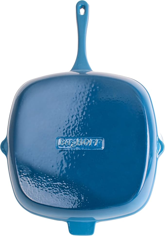 Berghoff Neo 2Pc Enameled Cast Iron Grill Set, Grill Pan 11 inches, Bacon/Steak Press 8 inches, Fast, Evenly Heat, Oven safe (Blue)
