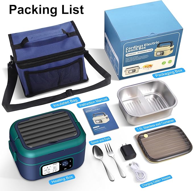 Cordless Electric Heated Lunch Box, 1.5L 6.3Cups 24000mAh Rechargeable Battery Self-Heating Lunch Box, Smart Timer, Even Heating, 100W Portable Food Warmer for Office, Picnic, Car, Outdoor