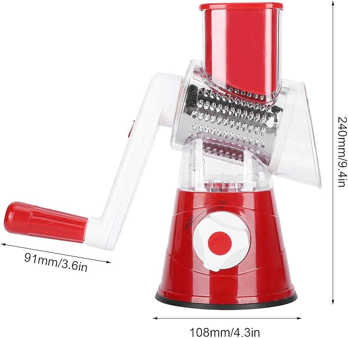 3-In-1 Rotary Cheese Grater Shredder Mandoline Slicer Vegetable Chopper with 3 Interchanging Stainless Steel Drums Blades(Red)
