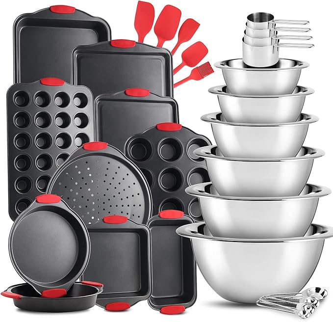 EatEx Bakeware Sets and Mixing Bowl Set, Non-Stick Baking Sheet Set with Utensils, Carbon Steel Cookie Sheets for Baking with Silicon Handles, Oven Safe Sheet Pans and More