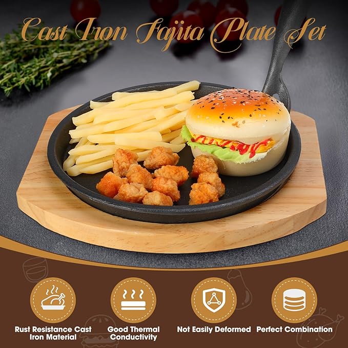 Mimorou 6 Set 8.7 Inch Cast Iron Fajita Plate Set with Wooden Base Anti Scald Protection Removable Handle Fajita Plate Sizzling Pan Cast Iron Skillets Sets for Home Restaurant Kitchen BBQ Cooking