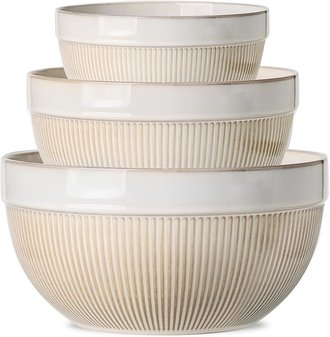 Large Ceramic Mixing Bowls, Yellow Kitchen Bowl (10"/8"/6"), Set of 3 Nesting Bowls for Baking, Cooking, Serving, Prepping, Dough Kneading, Microwave and Dishwasher Safe