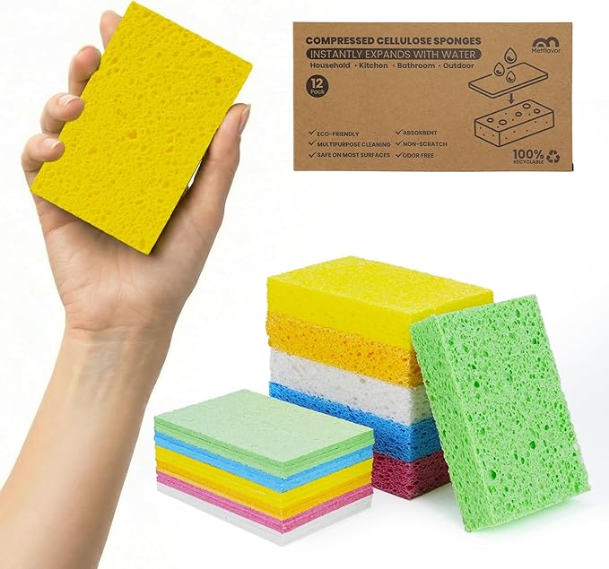 Kitchen Sponges, 12 Count, Thick Compressed Natural Cellulose Sponges, Non-Scratch for Dishes, Biodegradable & Compostable, Pop-up for Easy Storage