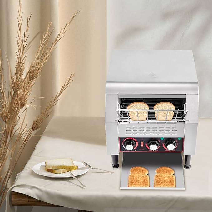 Commercial Conveyor Toaster, 2200W 300 Slices/H Toaster Conveyors Heavy Duty Industrial Conveyor Toasters Stainless Steel Electric Oven w/Dual Heating Tube 7-speed Adjustments (16.42*14.37*15.27In)