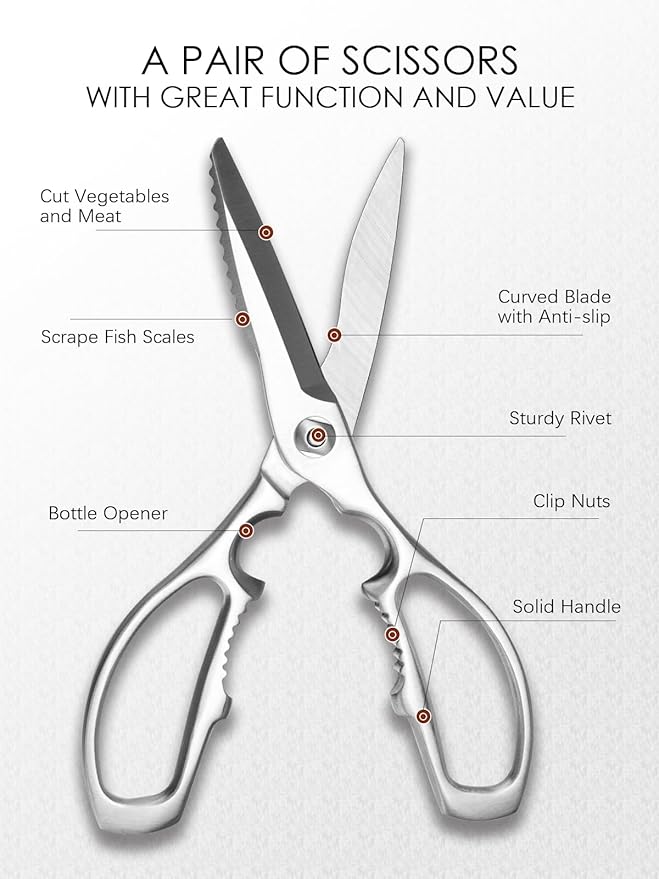 Heavy-Duty Kitchen Scissors Forged from Stainless Steel, Kitchen Shears for Food, Ideal Cooking & Culinary Scissors for Meat, Poultry and Vegetables, Dishwasher Safe, 2-Year Warranty