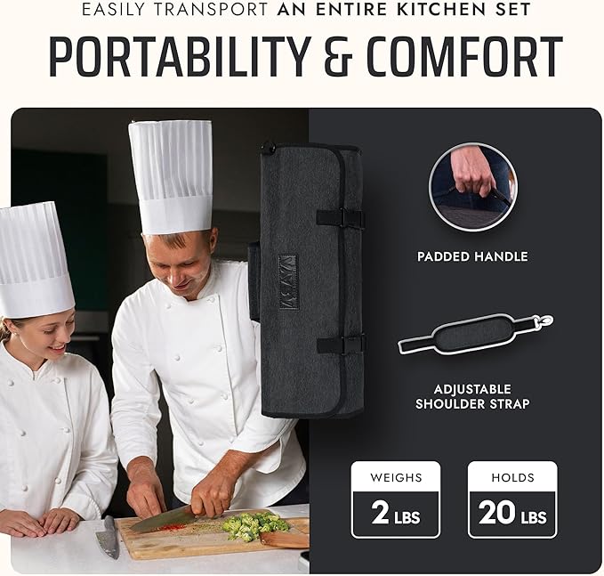 Asaya Chef Knife Roll Bag - 20 Total Pockets for Knives and Kitchen Utensils - Made with Stain Resistant Waxed Nylon - For Chefs and Culinary Students - Knives Not Included(Black)