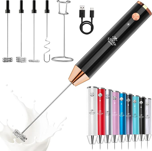 Zulay Kitchen Rechargeable Milk Frother Handheld - Lux 4 Whisks, Powerful 2-Speed Motor, Waterproof, 2000mAh Battery - Drink Mixer for Latte, Cappuccino, Matcha & Protein Powder - Dark Copper