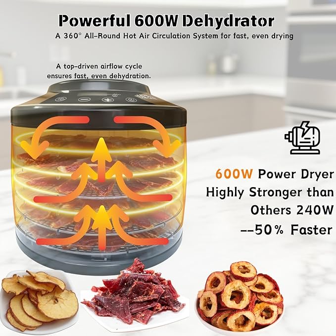 Food Dehydrator, Large 12'' 6 Trays Meat Dehydrator for Jerky, 600W Herb Dryer 24H Timer & Temp Control for Fruit Snacks Yogurt Dog Treats ETL Approved (Black 6 Trays)