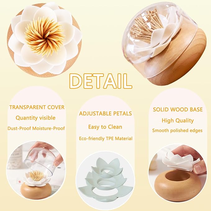 Toothpick Holder Dispenser Lotus Q tip Holder Wood Toothpick Holder, Tooth Picks Beech Toothpick Holders White Flower Decorative for Kitchen Table Decorations Cute Gifts -with 80 Toothpick