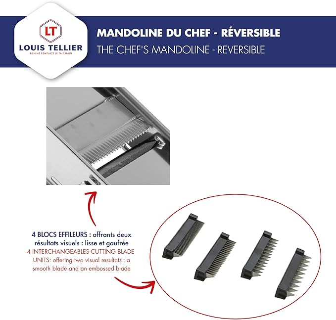 LOUIS TELLIER - Professional Chef's Mandoline - Stainless Steel - Slices Fruits and Vegetables - French Fries and Julienne - Adjustable Thickness - Made in France