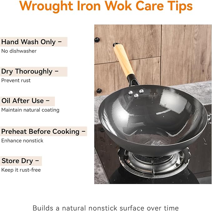 VIVIDCOOKWARE 12.6" Carbon Steel Wok Pan, Flat Bottom Stir Fry Wok with Spiral Thread Interior, Coating‑Free Naturally Seasoning Wok, Compatible with Gas, Electric & Induction Cooktops