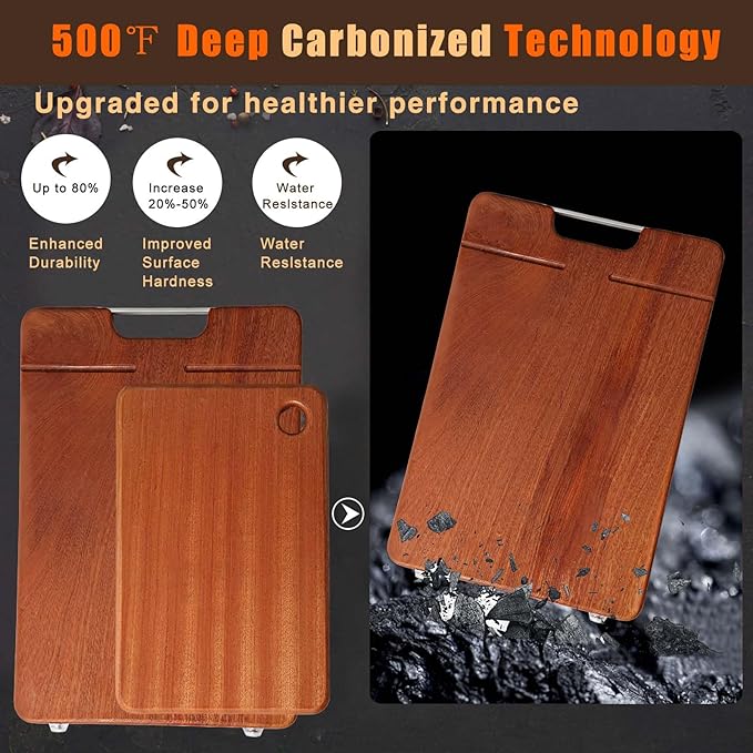 KASAFEI Ebony Kitchen Cutting Board, Wooden Chopping Board, Durable, Solid Wood, Suitable for Cutting Meat, Cheese, Vegetables, Fruit, Raw and Cooked Food, Grooved Tray with Handle [Set of 2]