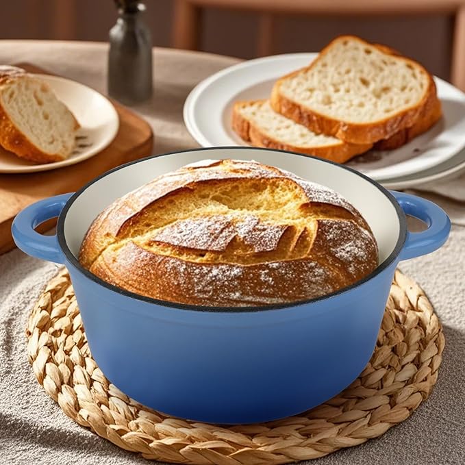 CookNexa 6 Quart Enameled Cast Iron Dutch Oven Pot with Lid and Silicone Accessories, Oven Safe up to 500°F or on Stovetop, Non-stick Dutch Oven for Bread Baking, Cooking, Dual Handles Cookware, Light Blue
