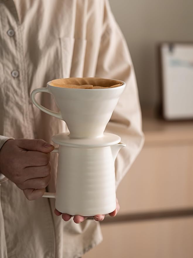 HYAXGM Pour Over Coffee Maker, Ceramic Coffee Maker With 40 pcs Paper Filter,15oz/450ml Pour Over Coffee Dripper (White, V02)