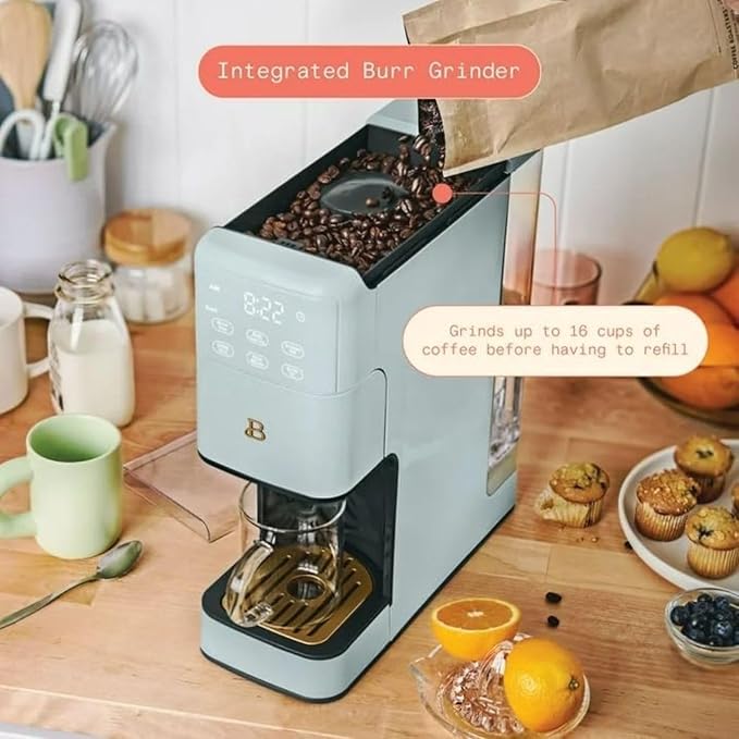 Beautiful Perfect Grind Programmable Single Serve Coffee Maker, Burr Grinder, 64 oz Reservoir, 6 Brew Sizes by Drew Barrymore (Hydrangea)