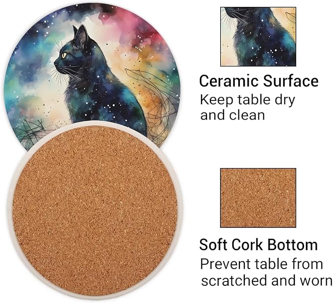 Round Coasters Set of 2, Watercolor Galaxy Sky Black Cat Absorbent Ceramic Coaster with Cork Base, Bar Coasters for Drinks Coffee Mugs Tea Cups Wine Glasses Home Decor Gifts (4 inches)