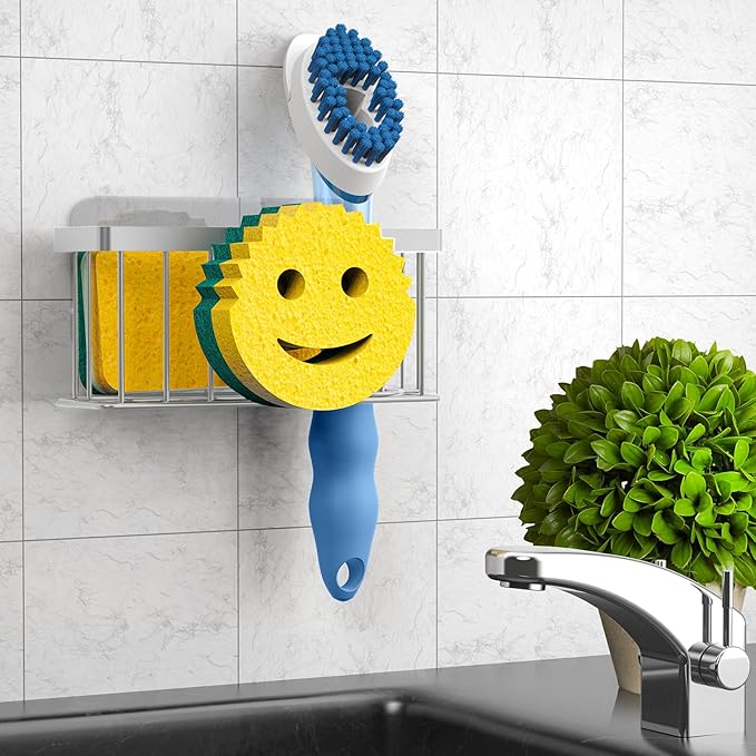 Sponge Holder Smiley Face, Kitchen Organizer with 2 Suction Cups/1 Adhesive Strips,Designed for Sponge,Soap,Dish Brush,Scrubber - Gray
