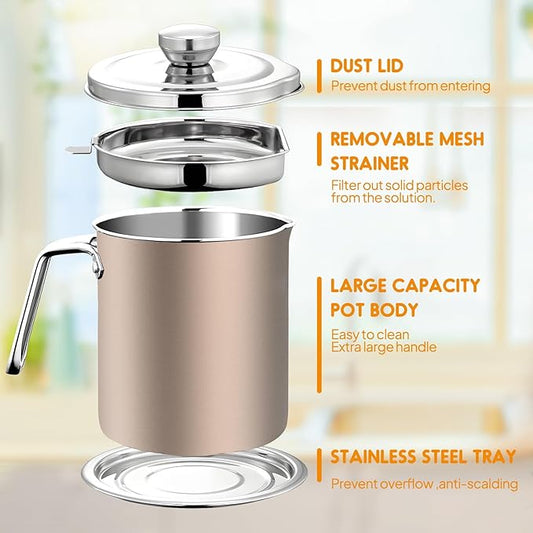 Chihee Grease Container Stainless Steel Bacon Grease Saver with Fine Mesh Strainer 2L / 67.6 fl oz Oil Container Grease Can with Dust-proof Lid Non-slip Tray for Kitchen Storing Frying Cooking Grease