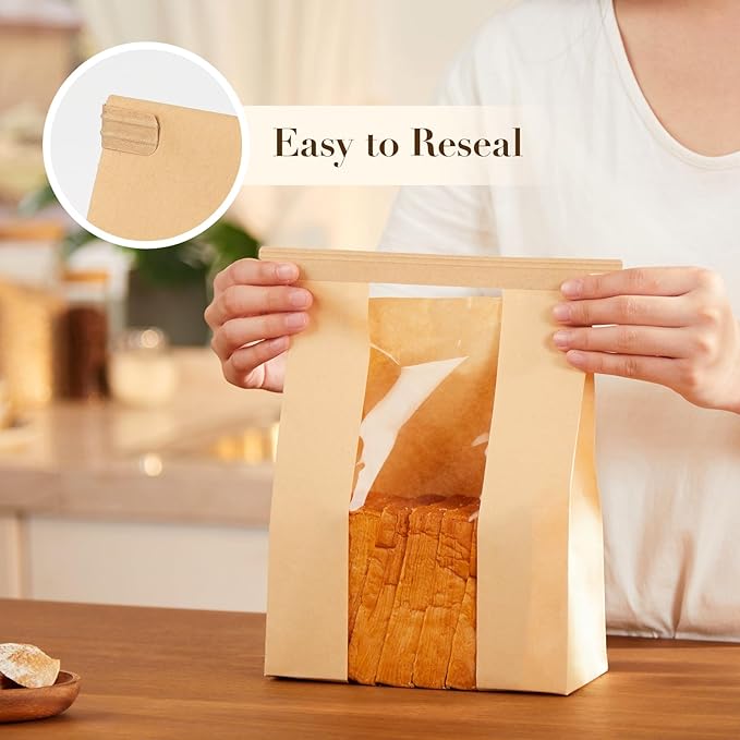 100 Pack Paper Bread Bags for Homemade Bread, 7x3×11 Inches Resealable Tin Tie Tab Bakery Bags with Window for Round Sourdough, Cookies, Loaves, Bagels