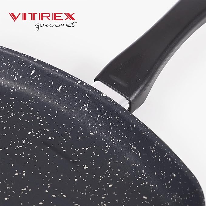 VITREX Granite Noir Metallic Nonstick 10.6" Square Grill Pan – Black Enameled Steel, Stone-Effect Triple-Layer Coating, Ridged Cooking Surface Griddle Pan