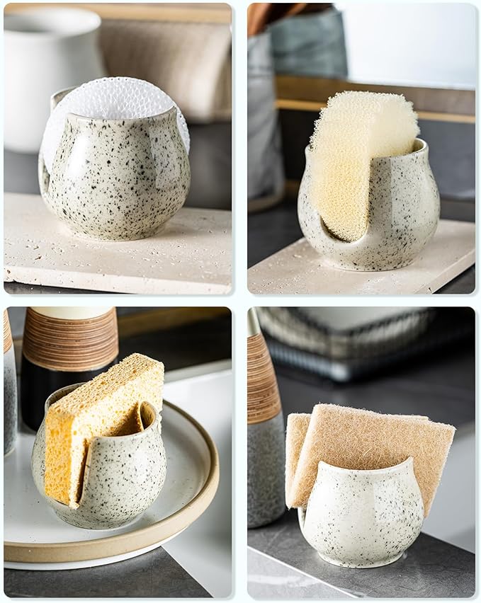 Sponge Holder for Kitchen Sink, Ceramic Dish Sponge Dish Rack Scrubby Kitchen Organizer Cute Sink Organizer, Farmhouse Decor, Speckled Glaze