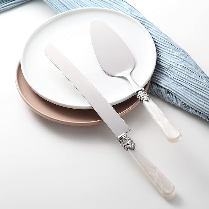 CATHYLIN Wedding Cake Knife and Serve Set, Fancy Hand Craft Italian Style Design, Pearl Pie Knife Server Set, Vintage Silverware,Cake Cutter Set, Cake Knife Gift Set, 2 pcs (White)