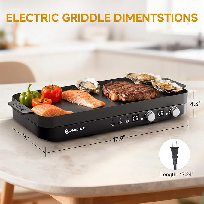 AMZCHEF Portable Indoor Grill: 1800W Electric Grill Griddle with Removable Grill Pan, 5 Temperature Levels & 99 Min Timer Electric Griddle
