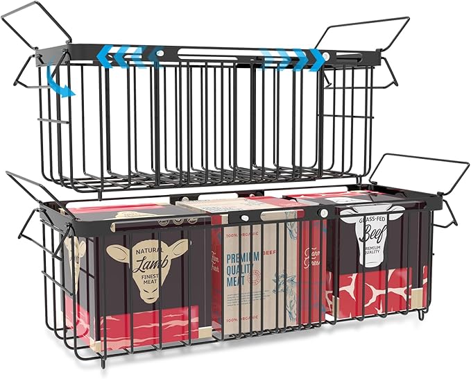 Freezer Organizer Bins, 2 Pack Expandable Stackable Hangable Chest Freezer Containers with Handles, Adjustable From 10.3" to 14.2" Storage Baskets for Fridge, Deep Freezer, Cabinet, Pantry, Kitchen