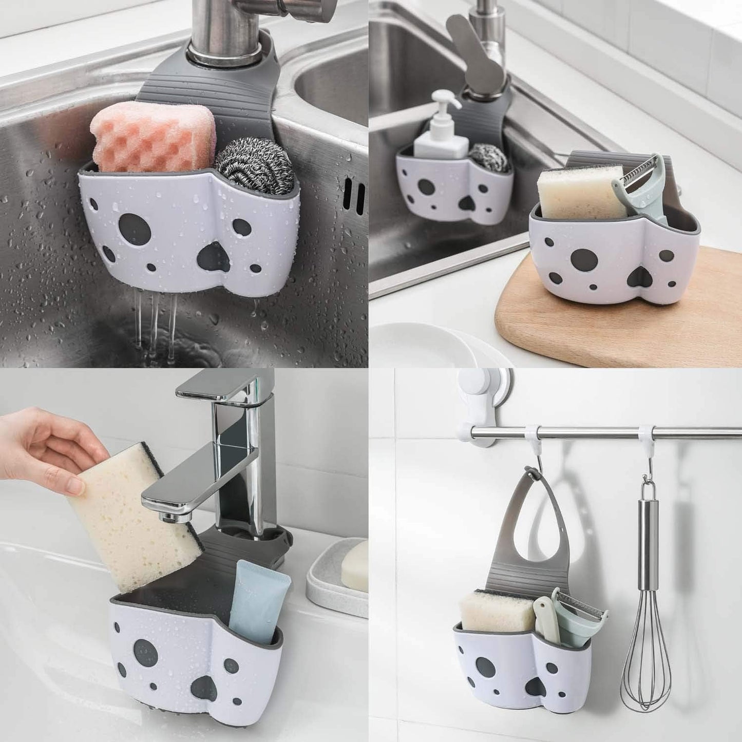 UNIKON 2 Pack Sink Sponge Holder Organizer, Hanging Kitchen Adjustable Strap Faucet Caddy, White